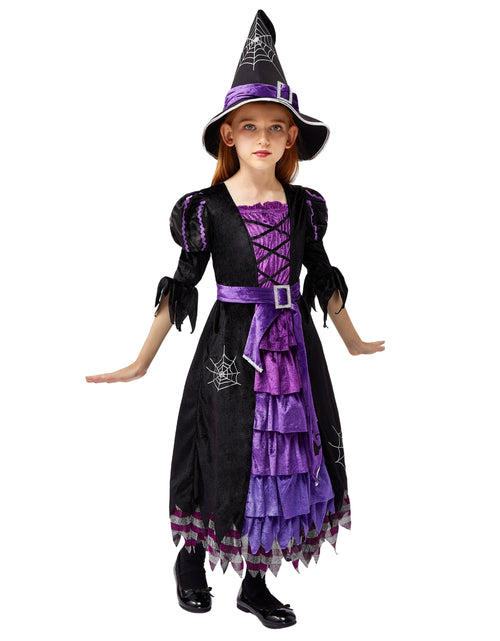 Load image into Gallery viewer, Witch Costume Set for Girls, Halloween Fancy-Dress with Broom Hat for Toddler Kids Halloween Party Dress up 3-14 Years
