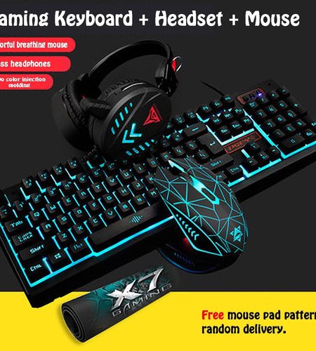 Gaming Keyboard and Mouse Combo with Headset, K59 RGB Backlit 3 Colors Keyboard, 6 Button 4DPI USB Wired Gaming Mouse, Lighted Gaming Headset with Microphone Set for Gamer