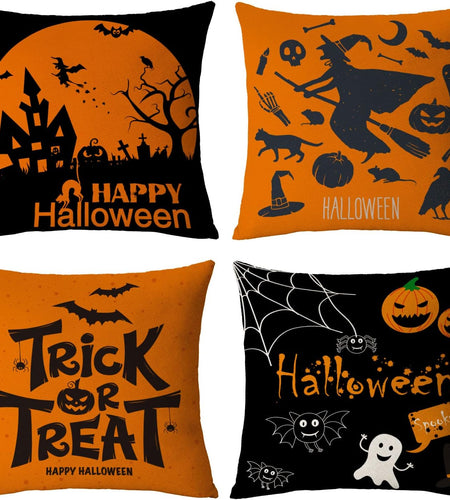 Halloween Decor Pillow Covers 16X16 Set of 4 Halloween Fall Black Decorative Throw Pillows Scary Pumpkin Bats Pillow Cases Home Outdoor Sofa Couch Cushion Covers for Halloween Decorations (16 by 16)