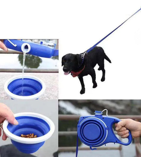 4-In-1 Durable Dog Leash Retractable Nylon Dog Leash with Water Bottle Bowl Extending Puppy Walking Running Leads Pet