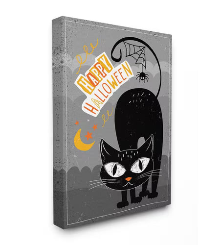16 In. X 20 In."Black Orange and Grey Happy Halloween Black Cat with Spider Web" by Artist ND Art Canvas Wall Art