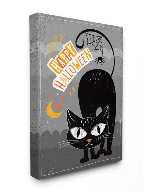 Load image into Gallery viewer, 16 In. X 20 In.&quot;Black Orange and Grey Happy Halloween Black Cat with Spider Web&quot; by Artist ND Art Canvas Wall Art
