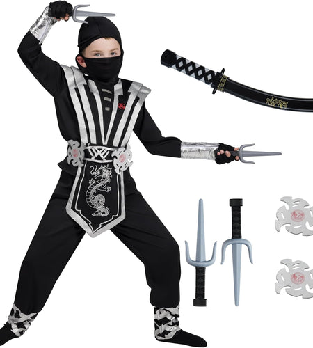 Silver Ninja Deluxe Costume Set with Ninja Foam Accessories Toys for Kids Kung Fu Outfit Halloween Ideas