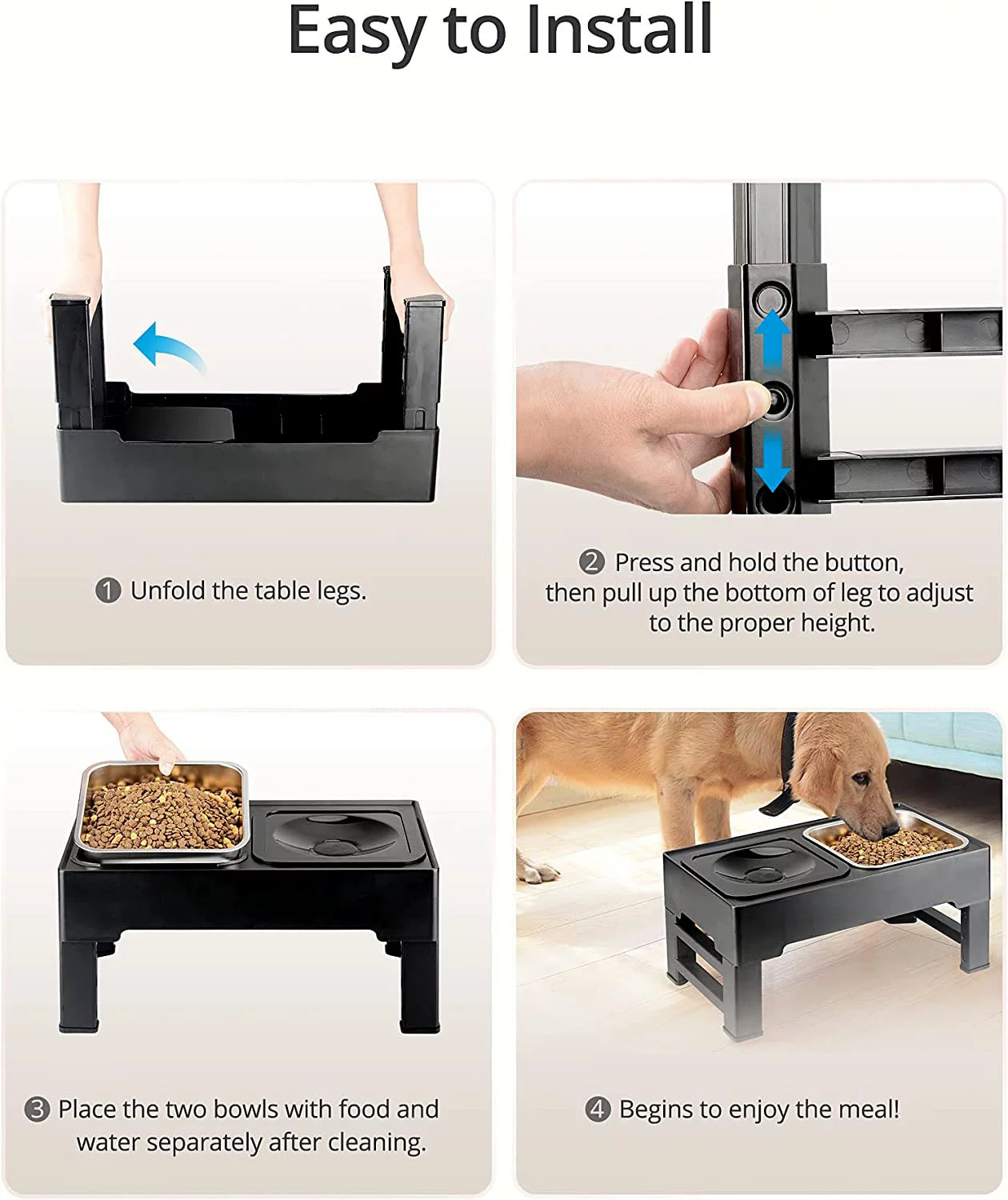 Elevated Dog Bowls for Large Dogs, Raised Dog Bowl Stand with No Spill Dog Water Bowl & Stainless Steel Dog Food Bowl, 4 Heights Adjustable for Small Medium Large Dogs and Pets