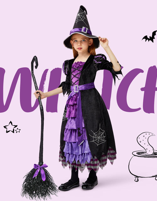 Load image into Gallery viewer, Witch Costume Set for Girls, Halloween Fancy-Dress with Broom Hat for Toddler Kids Halloween Party Dress up 3-14 Years
