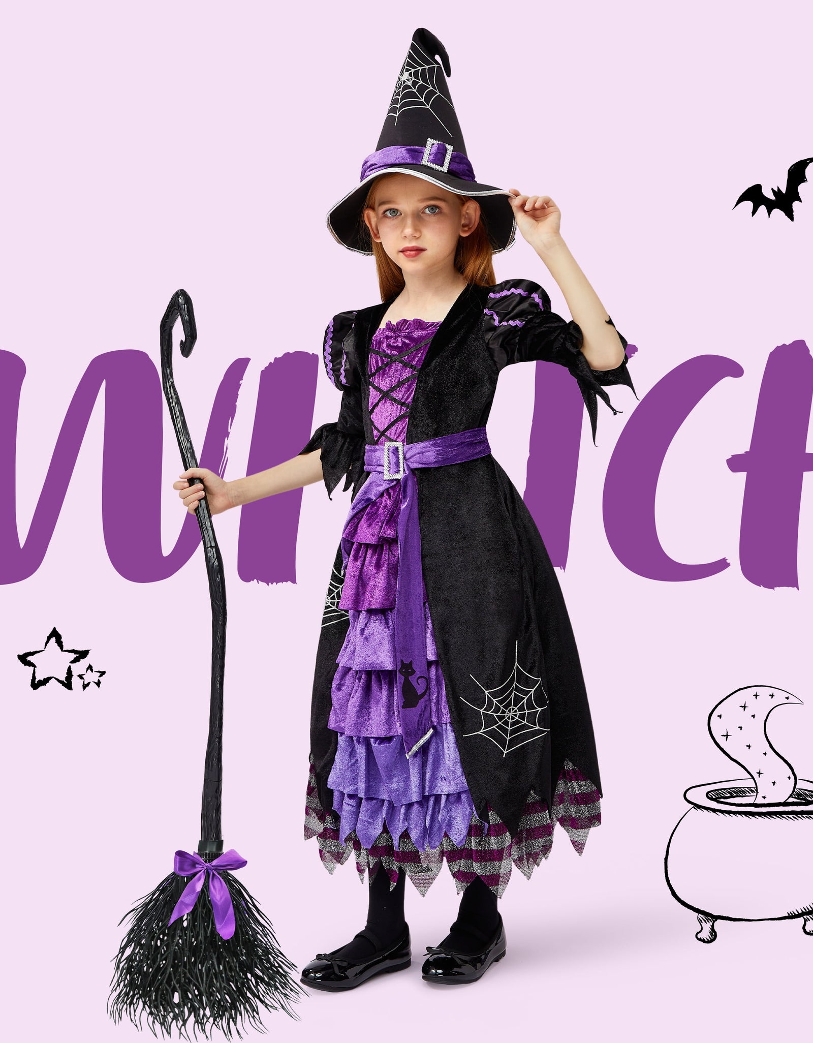 Witch Costume Set for Girls, Halloween Fancy-Dress with Broom Hat for Toddler Kids Halloween Party Dress up 3-14 Years