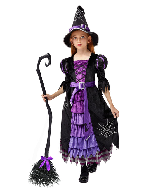 Load image into Gallery viewer, Witch Costume Set for Girls, Halloween Fancy-Dress with Broom Hat for Toddler Kids Halloween Party Dress up 3-14 Years
