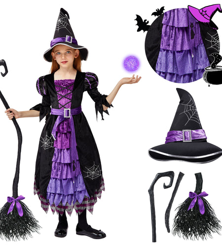 Witch Costume Set for Girls, Halloween Fancy-Dress with Broom Hat for Toddler Kids Halloween Party Dress up 3-14 Years