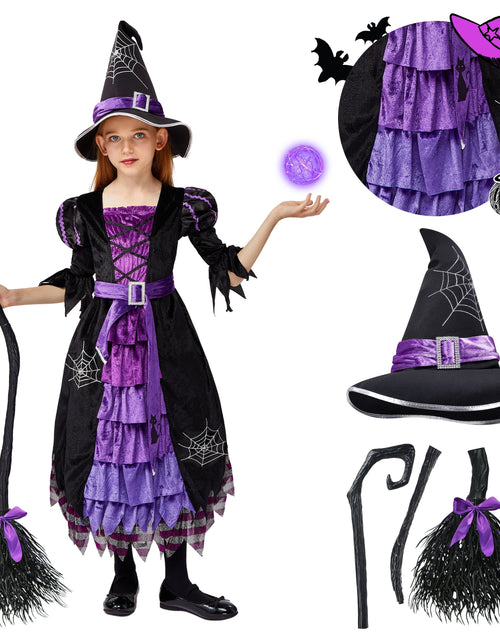 Load image into Gallery viewer, Witch Costume Set for Girls, Halloween Fancy-Dress with Broom Hat for Toddler Kids Halloween Party Dress up 3-14 Years
