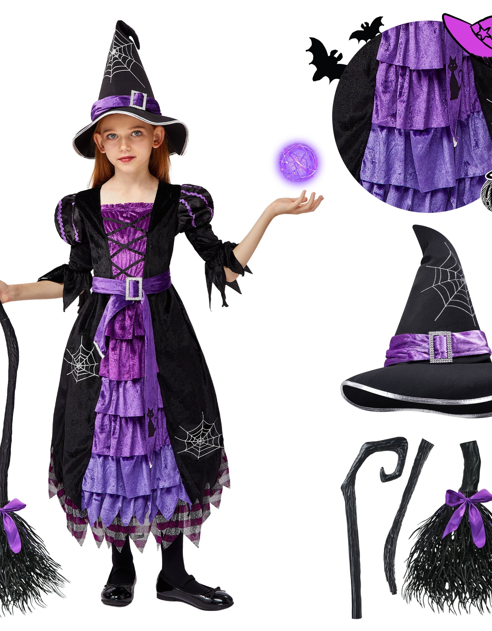 Witch Costume Set for Girls, Halloween Fancy-Dress with Broom Hat for Toddler Kids Halloween Party Dress up 3-14 Years