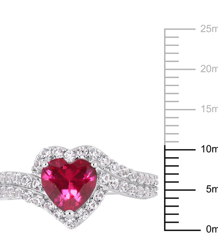 Women'S 2-1/2 Carat T.G.W. Heart-Cut Created Ruby and Round-Cut Created White Sapphire Sterling Silver Halo Heart Engagement Ring