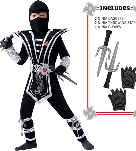 Silver Ninja Deluxe Costume Set with Ninja Foam Accessories Toys for Kids Kung Fu Outfit Halloween Ideas