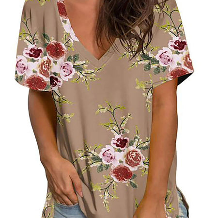 V Neck T Shirts for Women Floral Summer Tops Short Sleeve Shirts Casual Tunic Tops