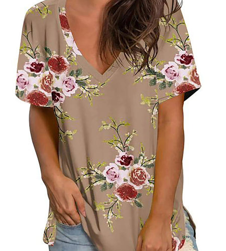 V Neck T Shirts for Women Floral Summer Tops Short Sleeve Shirts Casual Tunic Tops