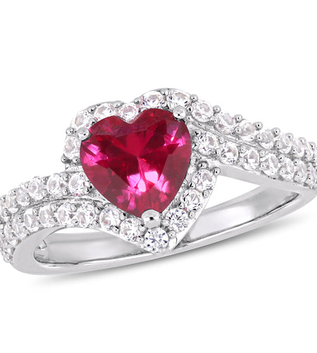 Women'S 2-1/2 Carat T.G.W. Heart-Cut Created Ruby and Round-Cut Created White Sapphire Sterling Silver Halo Heart Engagement Ring