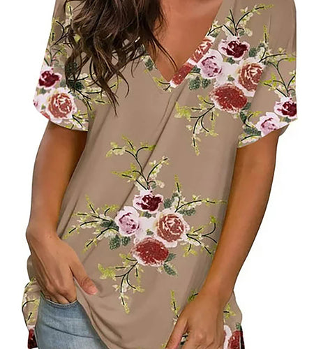V Neck T Shirts for Women Floral Summer Tops Short Sleeve Shirts Casual Tunic Tops