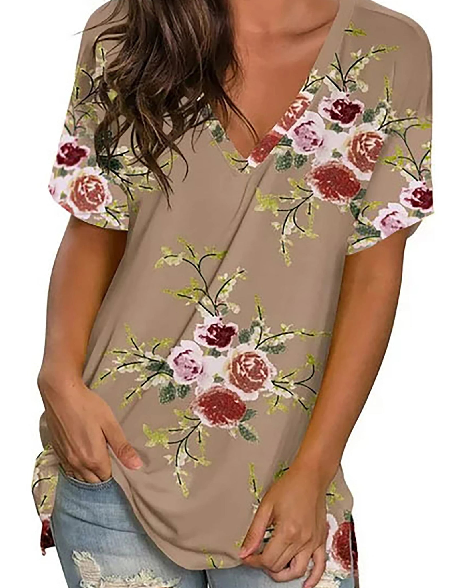 V Neck T Shirts for Women Floral Summer Tops Short Sleeve Shirts Casual Tunic Tops