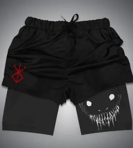 2024 New Men'S Fitness Training Skinny Shorts Demon Print Summer 2 in 1 Quick Dry Gym Beach Jogging Shorts Outdoor Sportwear