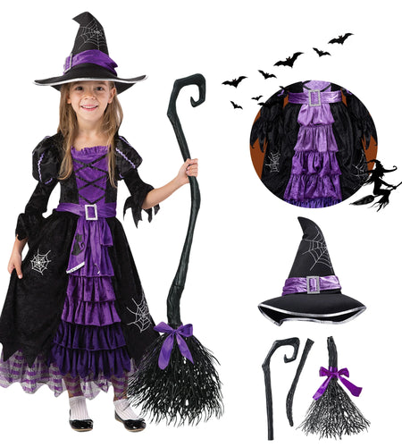 Witch Costume Set for Girls, Halloween Fancy-Dress with Broom Hat for Toddler Kids Halloween Party Dress up 3-14 Years