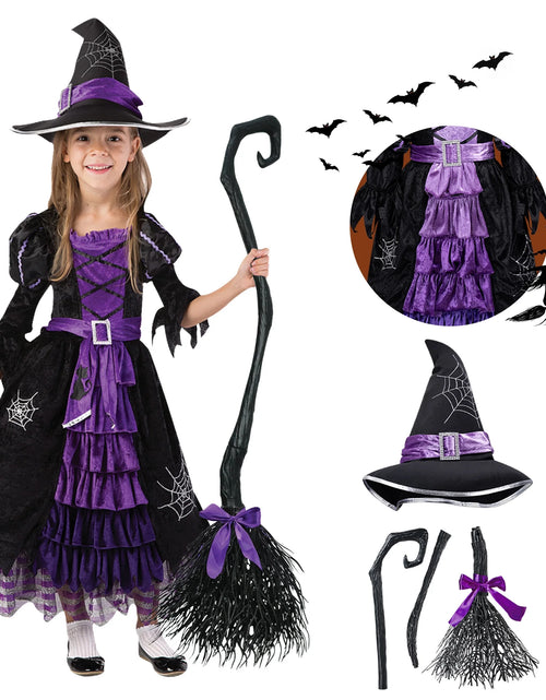 Load image into Gallery viewer, Witch Costume Set for Girls, Halloween Fancy-Dress with Broom Hat for Toddler Kids Halloween Party Dress up 3-14 Years
