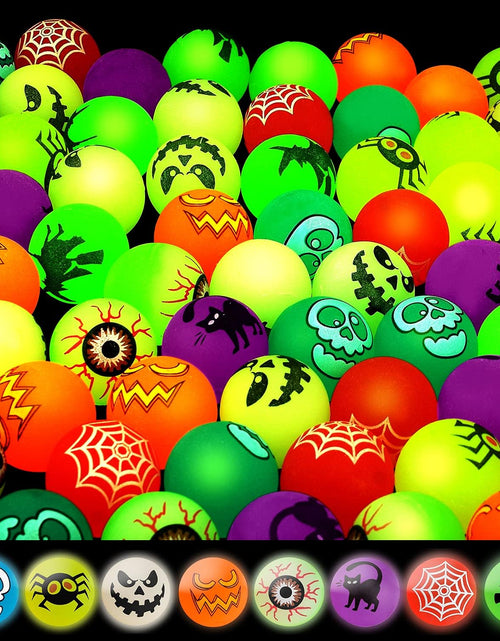 Load image into Gallery viewer, 40 Glow in the Dark Bouncing Balls,8 Halloween Theme Designs, Halloween Party Favor Supplies, Trick or Treating Goodie Bag Filler, School Classroom Game Rewards, Halloween Miniatures (With Pouch Bag)
