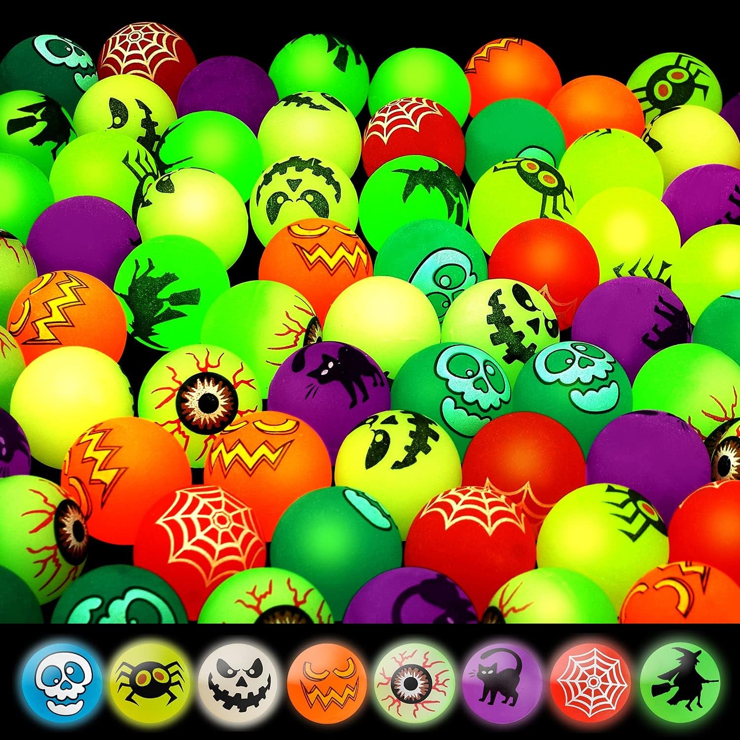 40 Glow in the Dark Bouncing Balls,8 Halloween Theme Designs, Halloween Party Favor Supplies, Trick or Treating Goodie Bag Filler, School Classroom Game Rewards, Halloween Miniatures (With Pouch Bag)