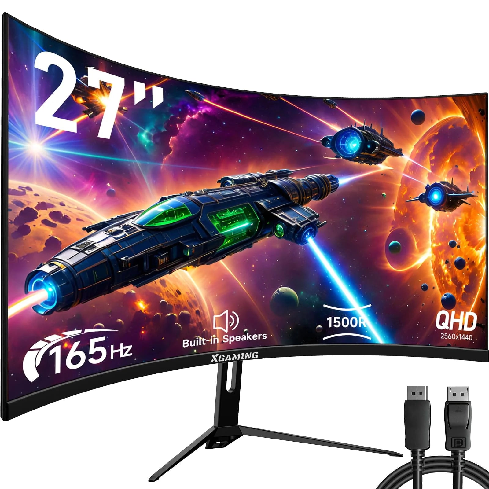 27-Inch 165Hz/144Hz Curved Gaming Monitor, Ultra Wide 16:9 1440P PC Monitor for Laptop with 2*Speakers, 1Ms AMD, QHD2K(2560 X 1440P) HDR Computer Monitor Support VESA, HDMI&DP, Metal Black