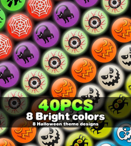 40 Glow in the Dark Bouncing Balls,8 Halloween Theme Designs, Halloween Party Favor Supplies, Trick or Treating Goodie Bag Filler, School Classroom Game Rewards, Halloween Miniatures (With Pouch Bag)