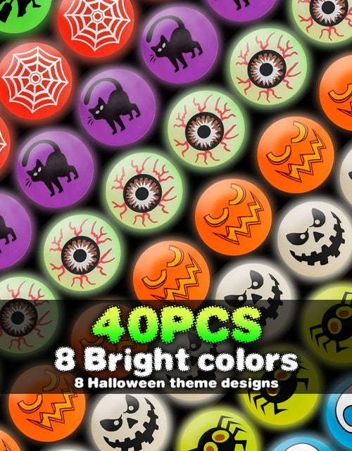 Load image into Gallery viewer, 40 Glow in the Dark Bouncing Balls,8 Halloween Theme Designs, Halloween Party Favor Supplies, Trick or Treating Goodie Bag Filler, School Classroom Game Rewards, Halloween Miniatures (With Pouch Bag)
